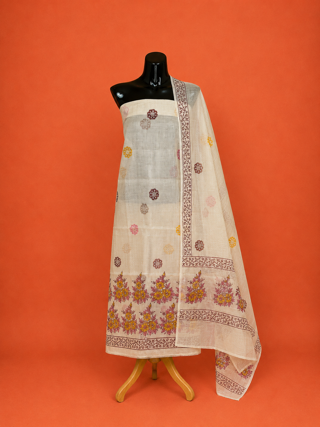 Yellow Kota Doria Block Print 2 Pc Dress May