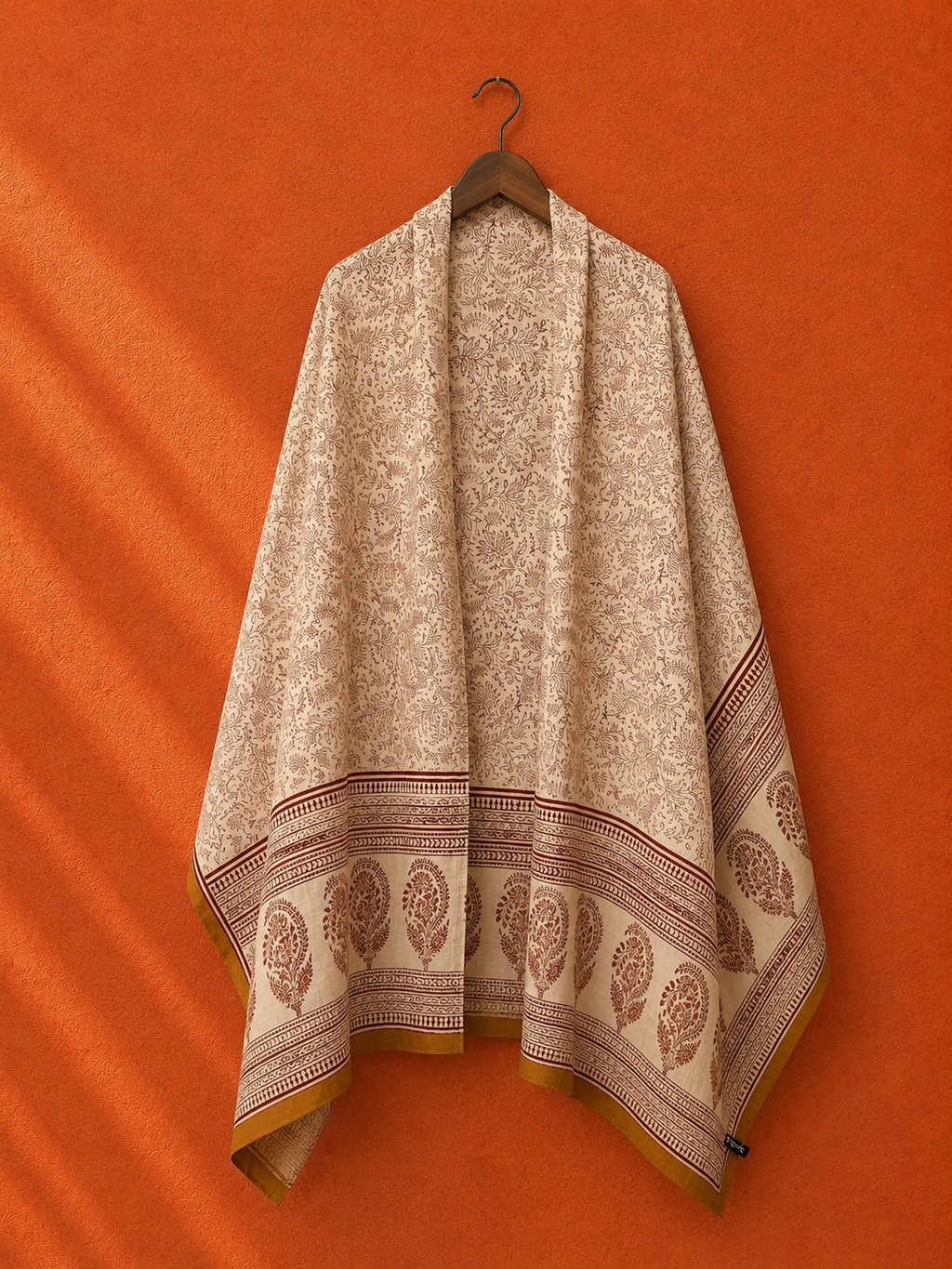 Beige Bagru Block Printed Cotton Dupatta  with Paisley Border