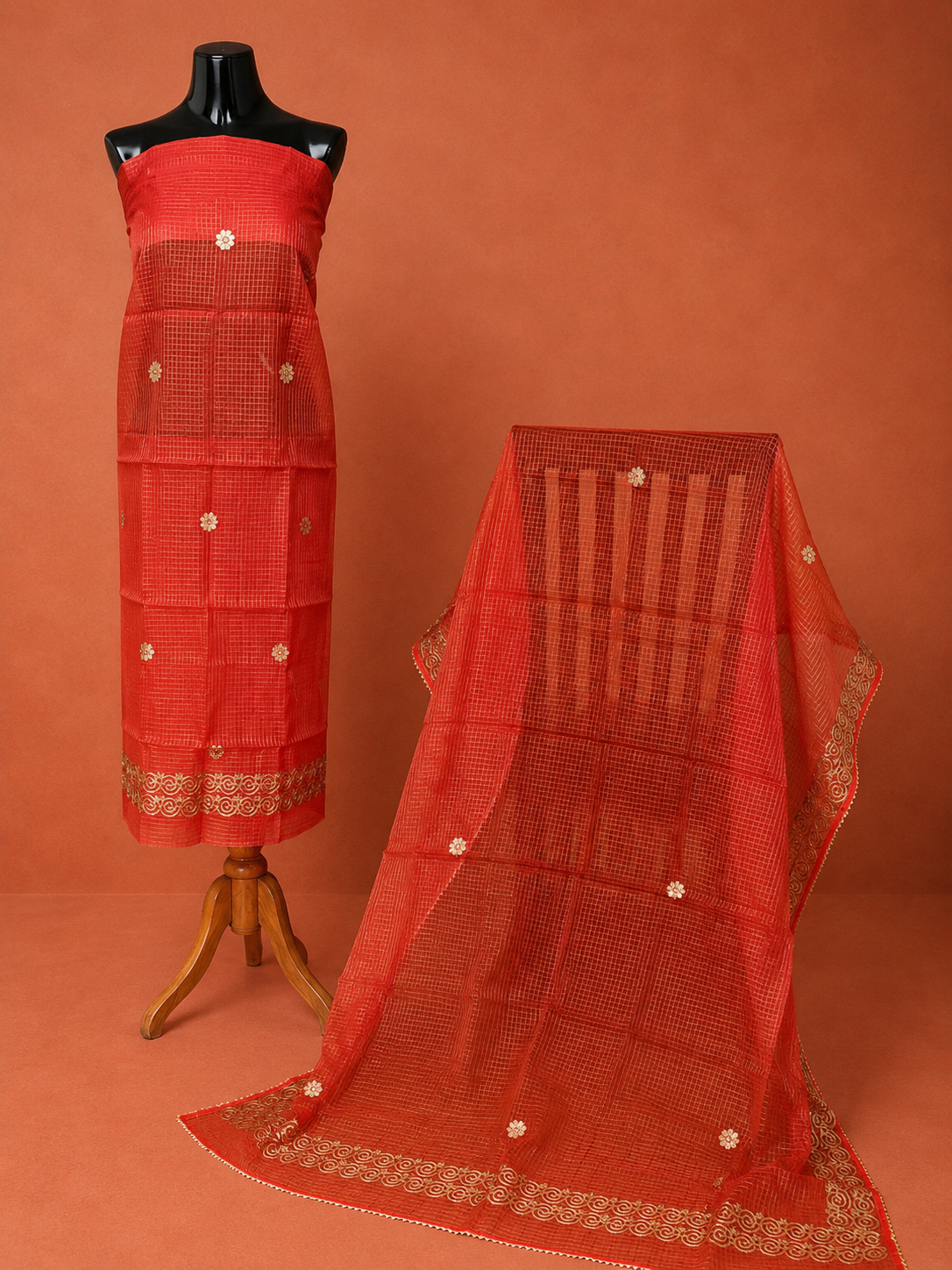 Red Kota Doria Embroidered 2 Pc Dress Material
