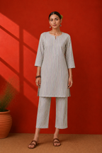 Green Striped Cotton Printed Kurta Set