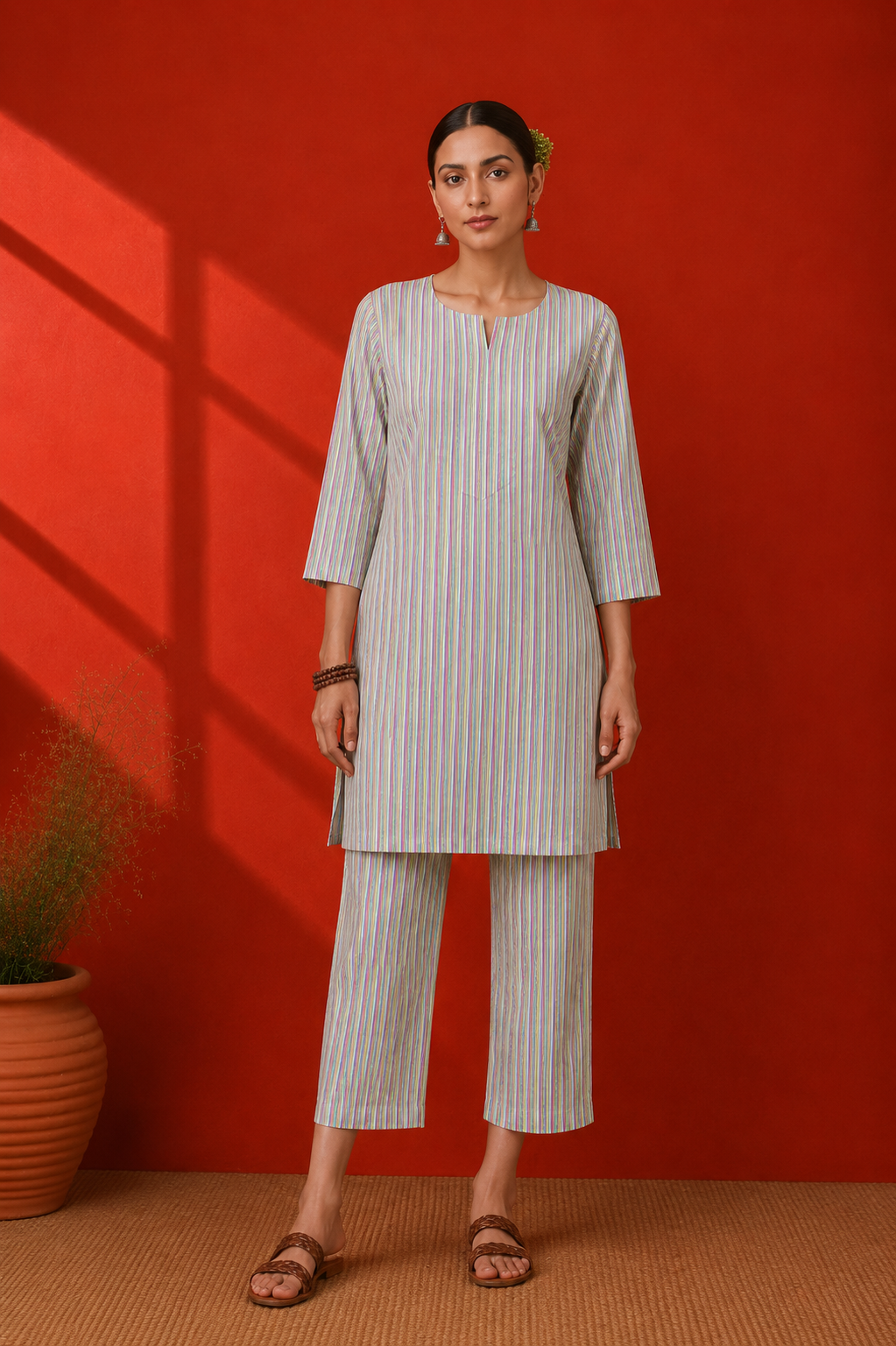 Green Striped Cotton Printed Kurta Set