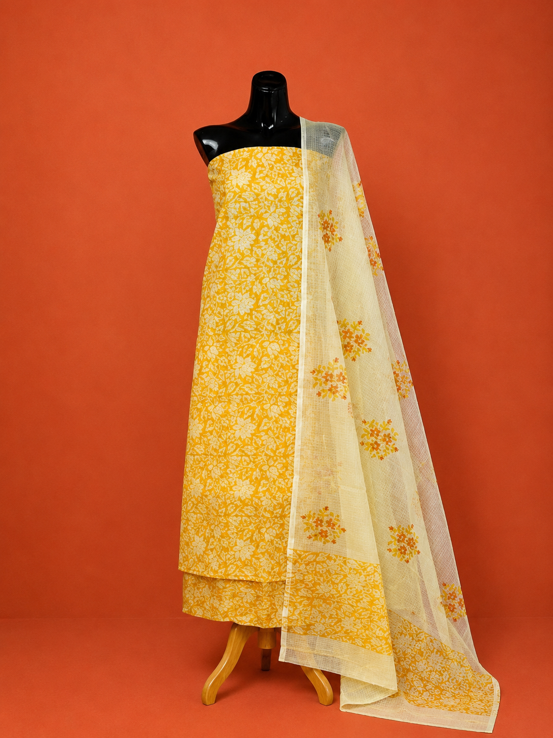 Yellow Kota Doria Block Print 2Pc Dress Material
