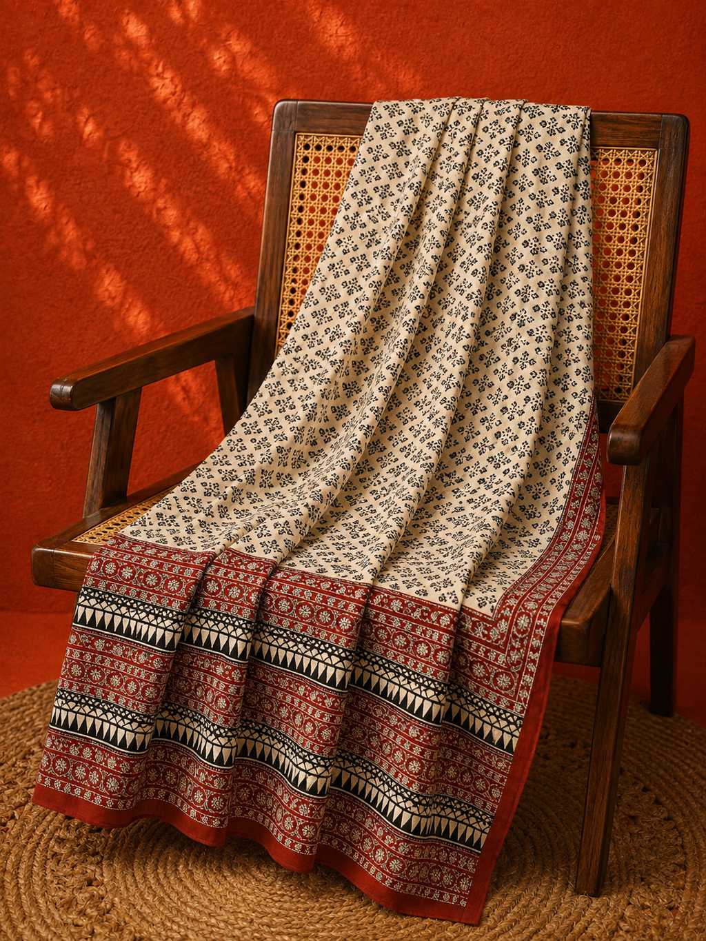 Beige & Rust Bagru Hand Block Print Cotton Dupatta