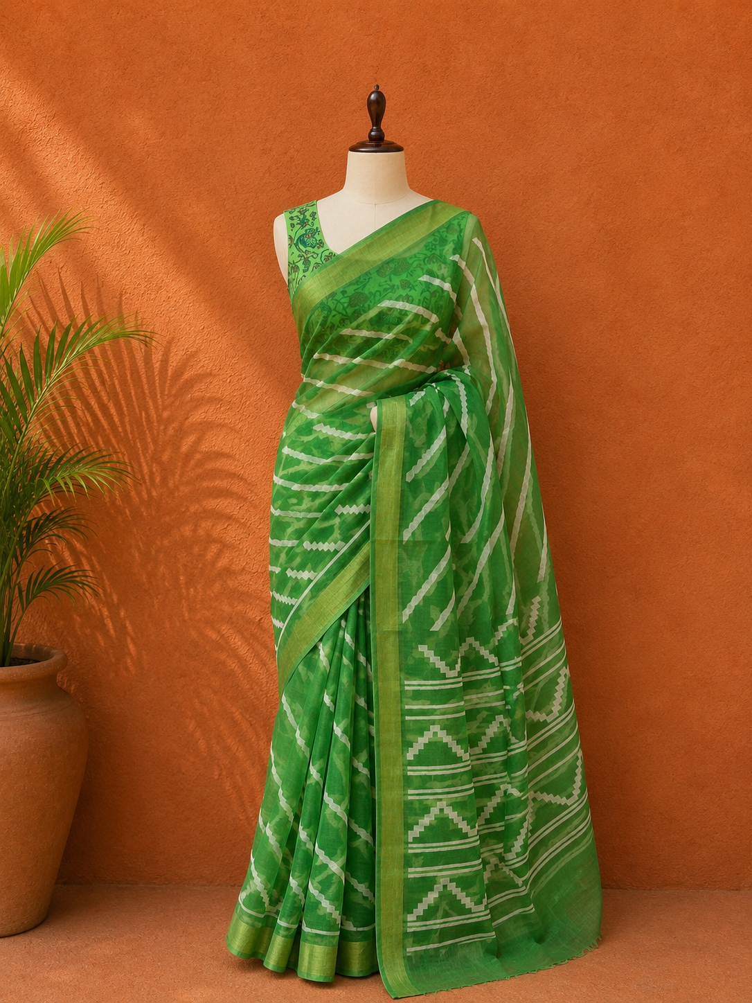 Green Chanderi Printed Sari