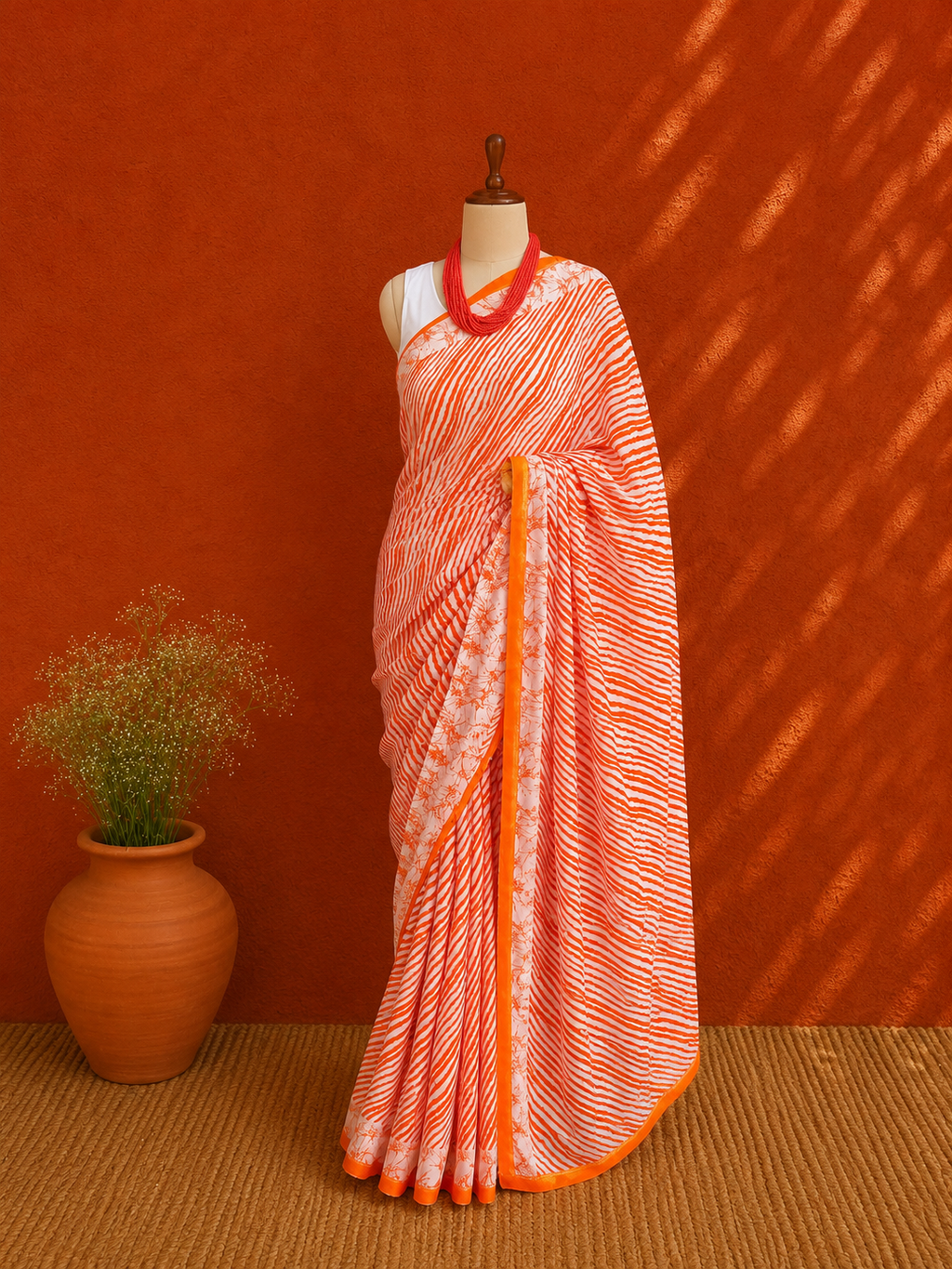 Orange Georgette Lehriya Sari