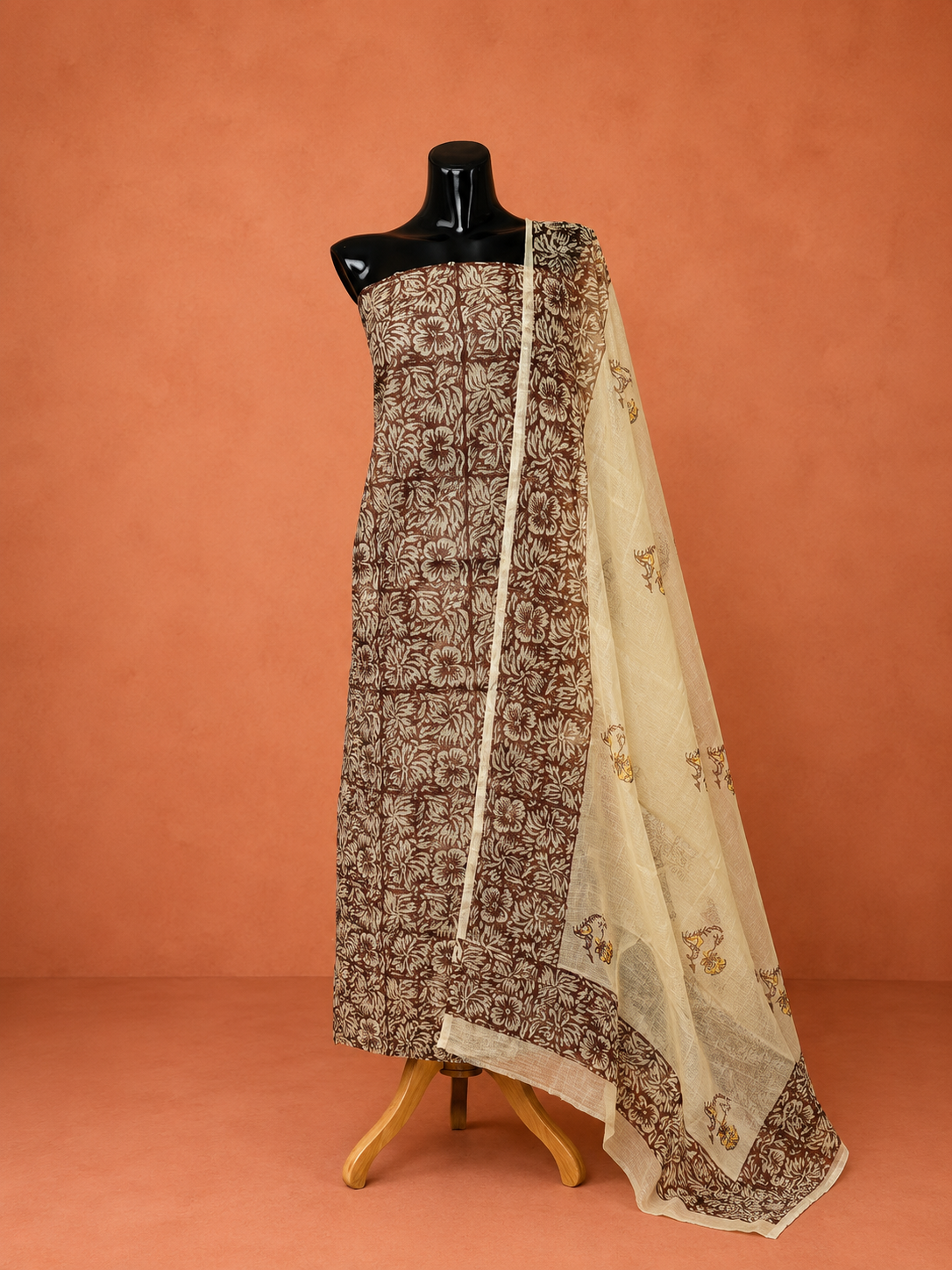 Brown Kota Doria Block Print 2 Pc Dress Material