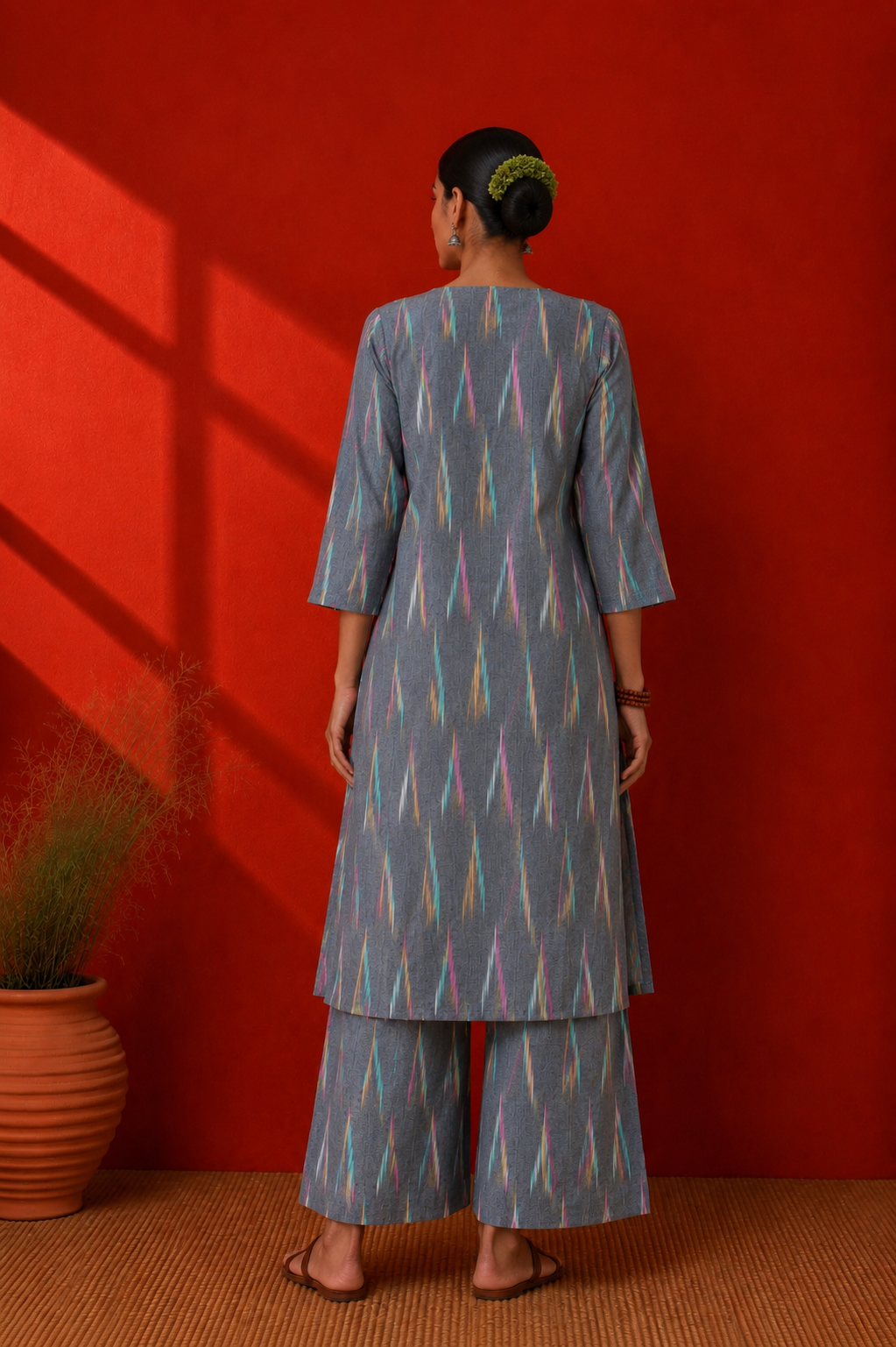 Grey Cotton Ikat Kurta Set