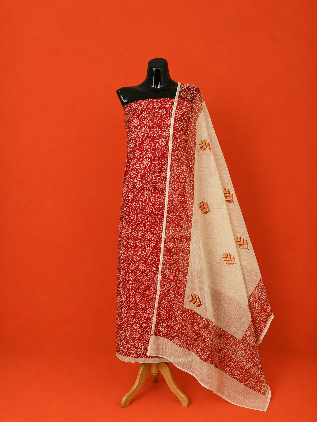 Red Kota Doria Block Print 2 Pc Dress Material