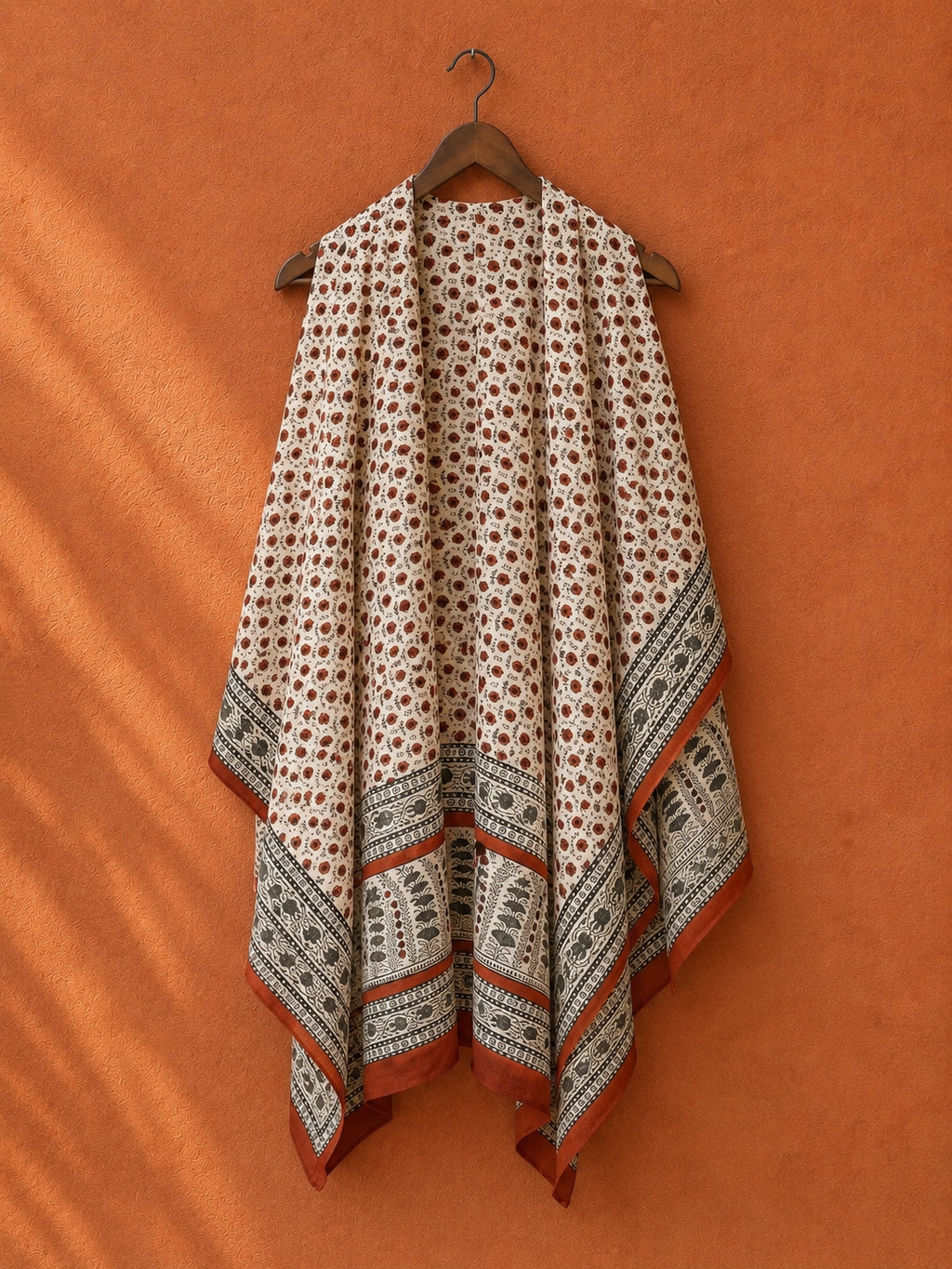 Beige Hand Block Printed Cotton Dupatta with Rust & Black Border