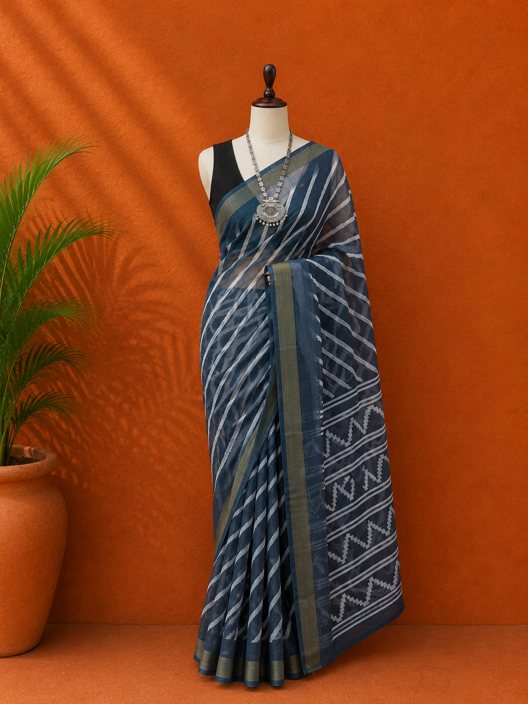 Black Chanderi Printed Sari