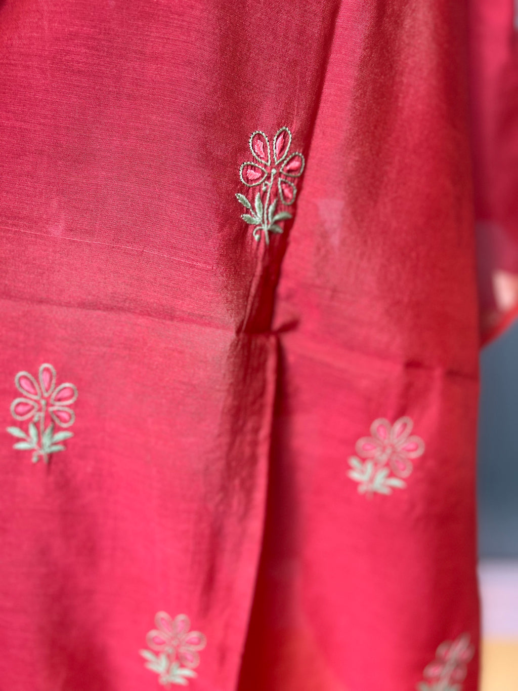Rust Chanderi Chikankari Dupatta