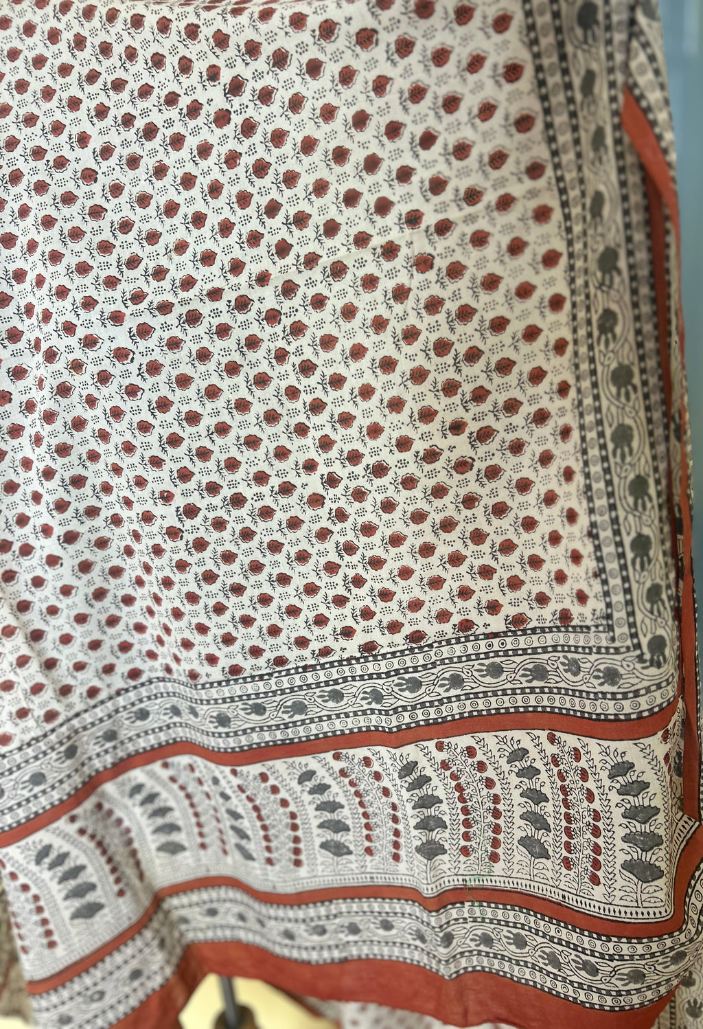 Beige Hand Block Printed Cotton Dupatta with Rust & Black Border