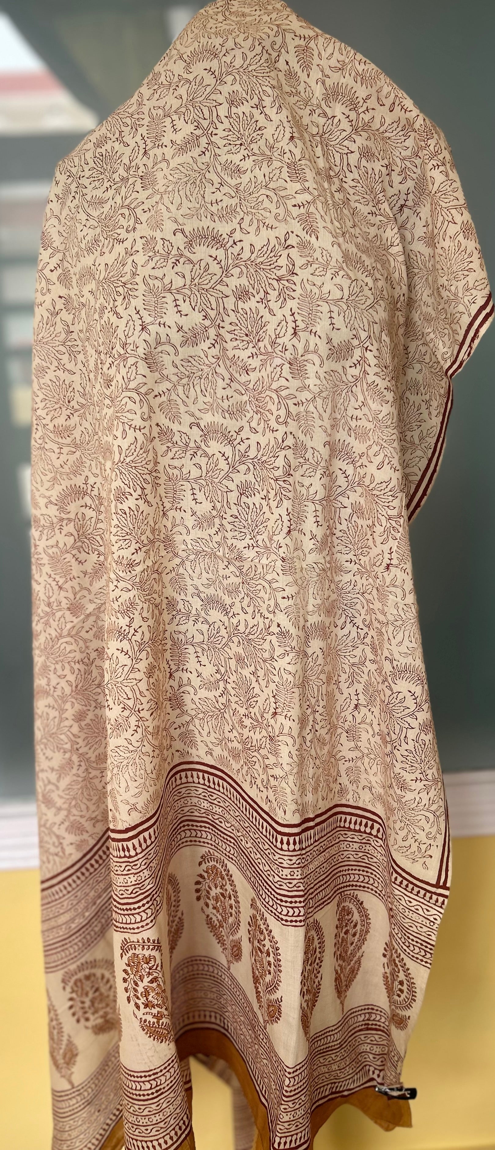 Beige Bagru Block Printed Cotton Dupatta  with Paisley Border