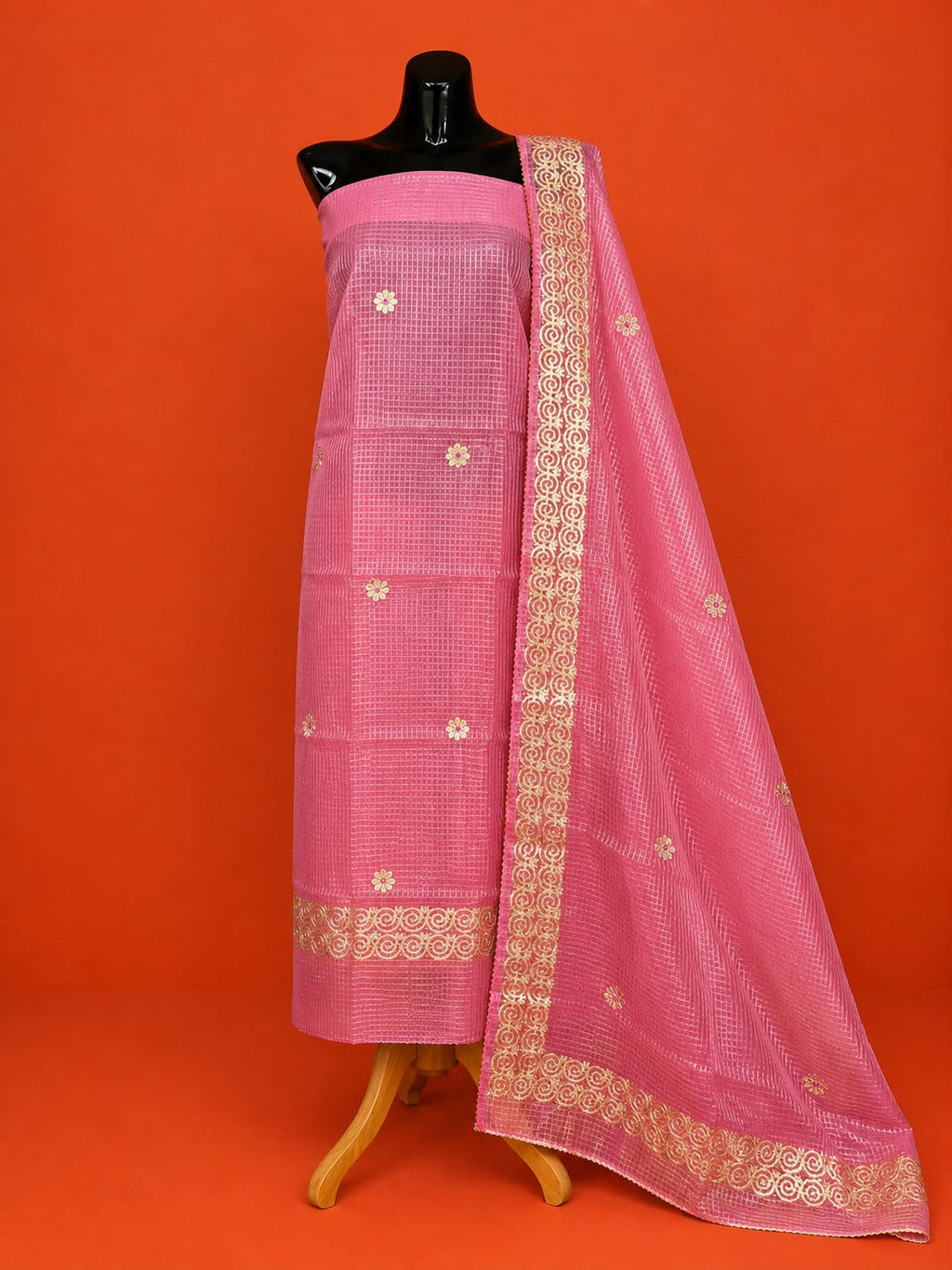 Pink Embroidered Kota Doria 2Pc Dress Material
