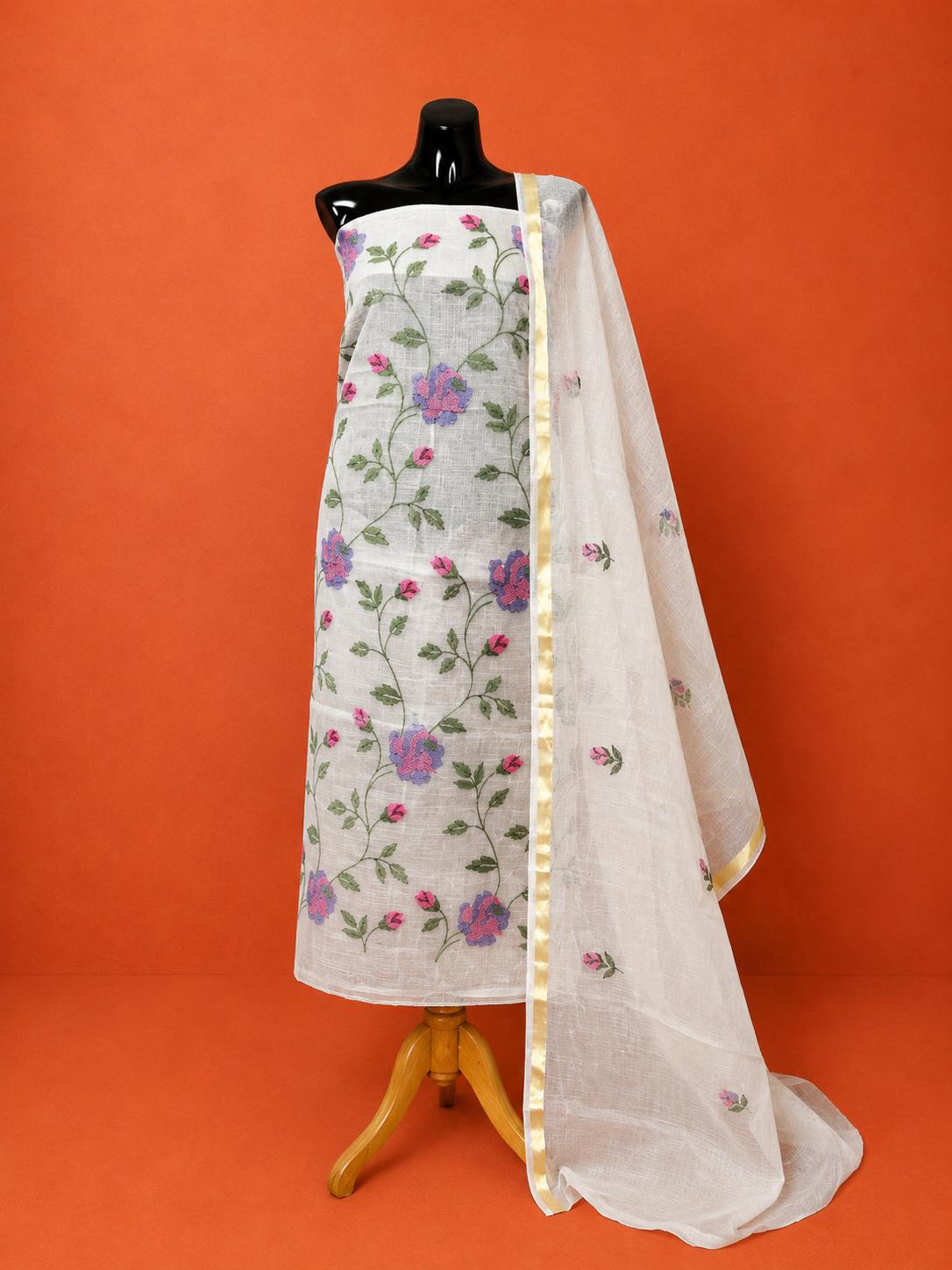 White Embroidered Kota Doria 2Pc Dress Material