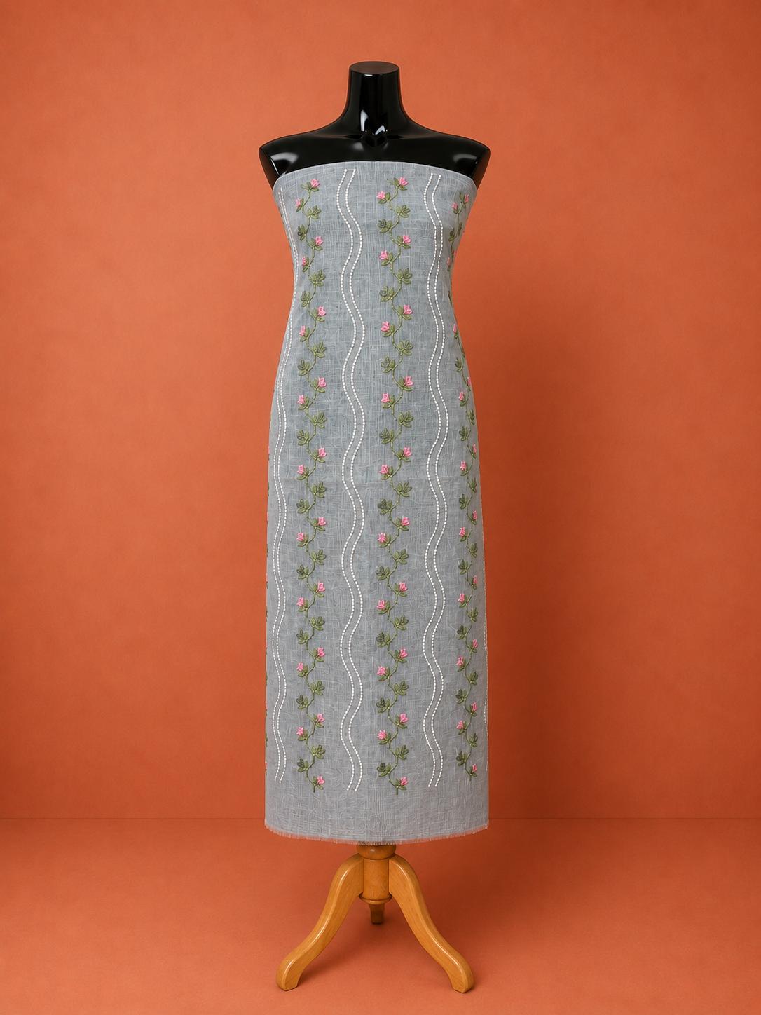 Gray Kota Doria Embroidered 2Pc Dress Material