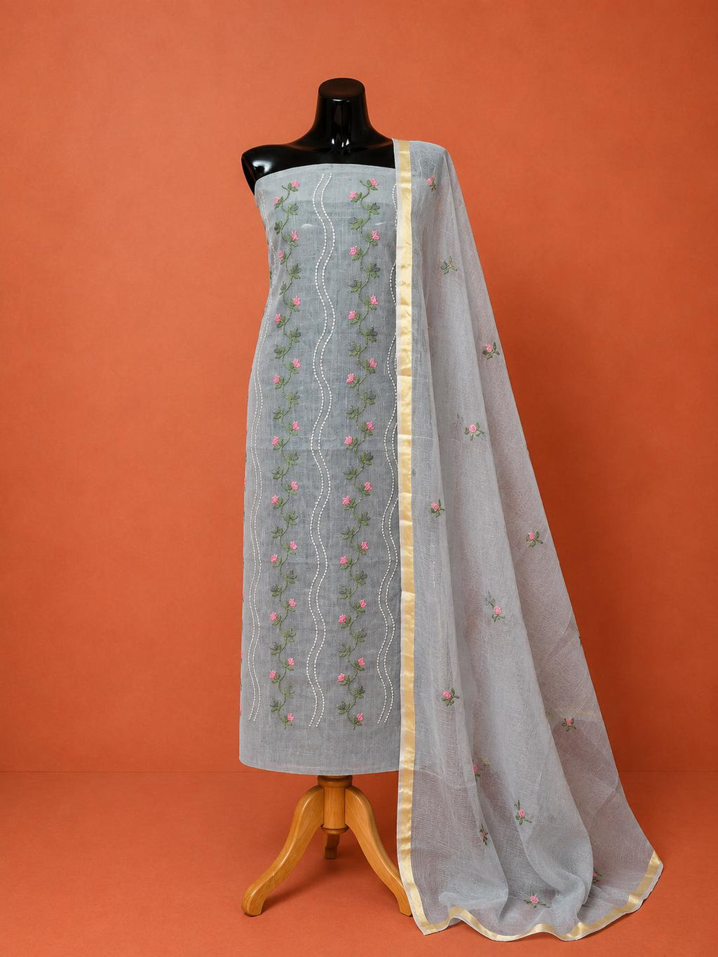 Gray Kota Doria Embroidered 2Pc Dress Material