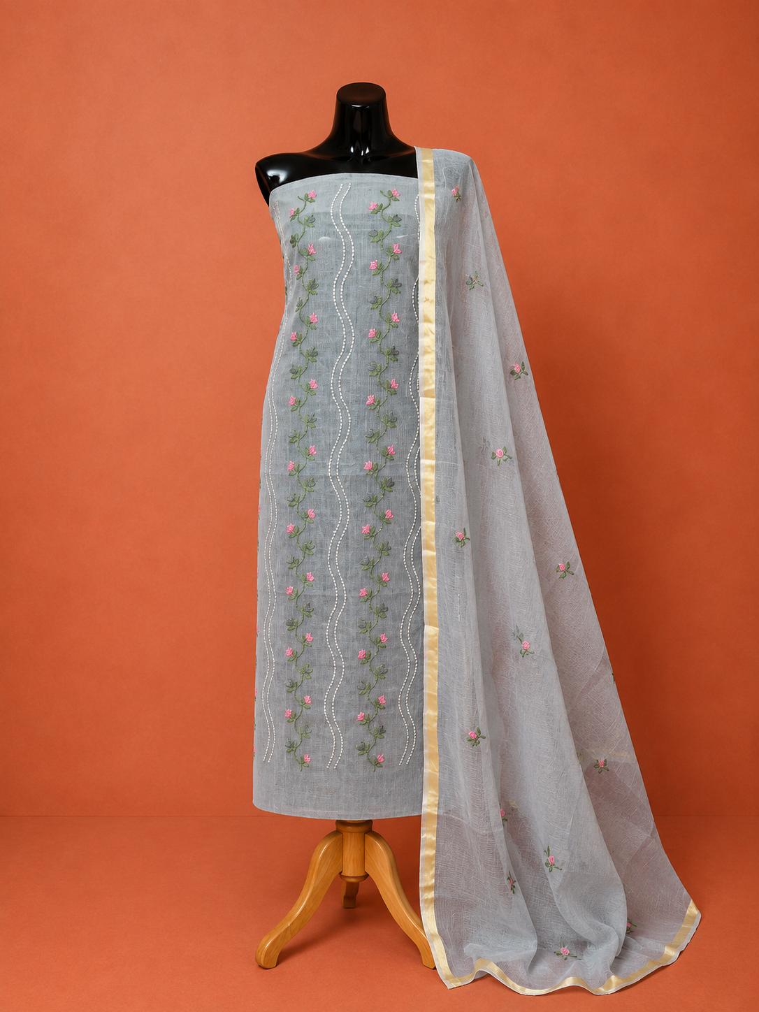 Gray Kota Doria Embroidered 2Pc Dress Material