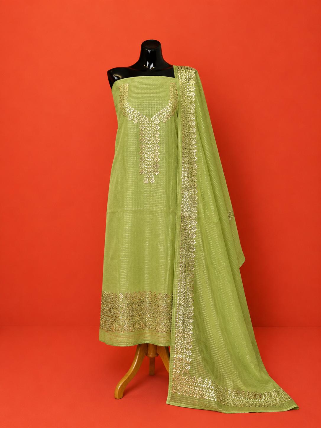 Green Kota Doria Embroidered 2PC Dress Material