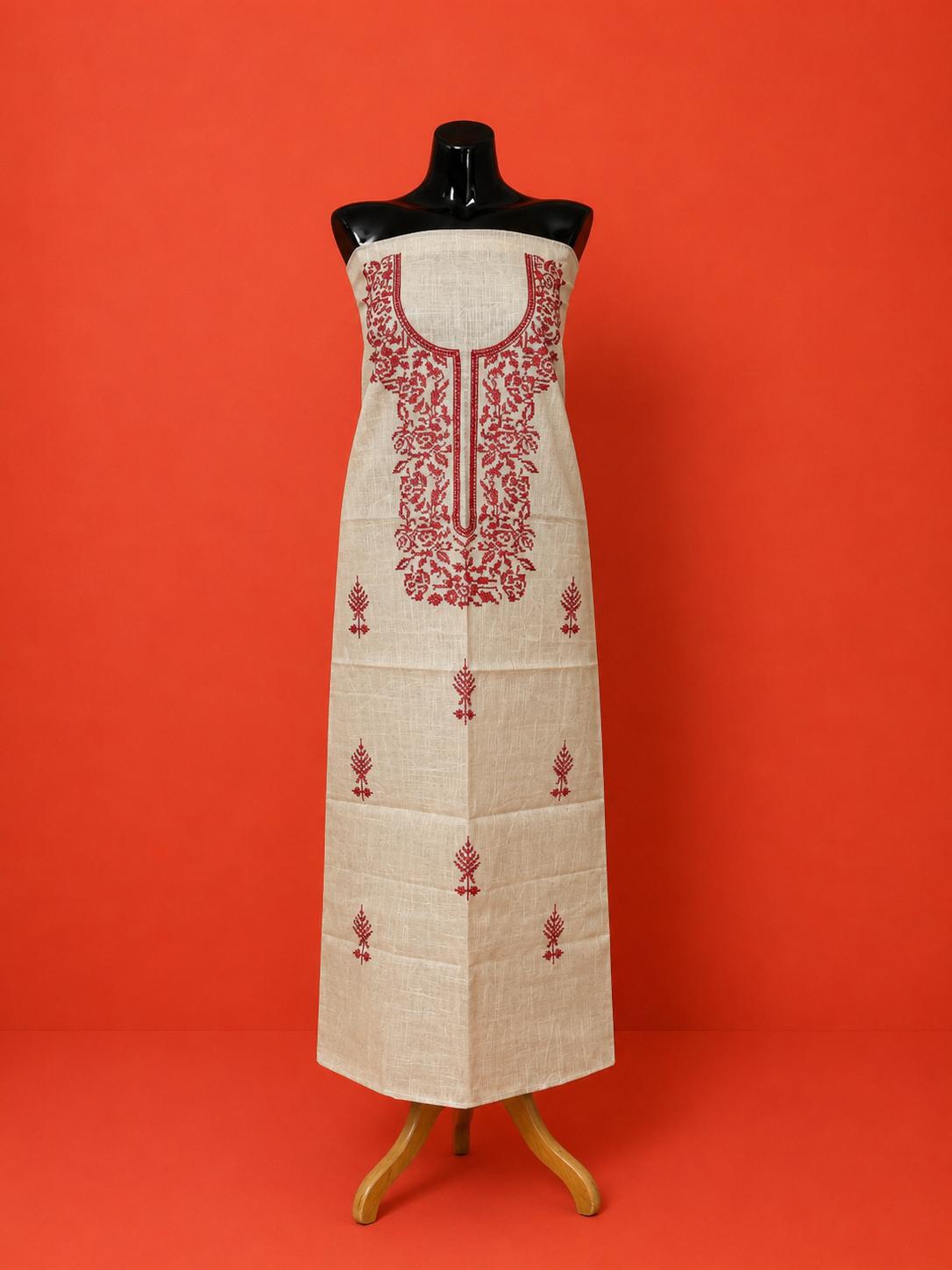 White Kota Doria Embroidered 2 Pc Dress Material