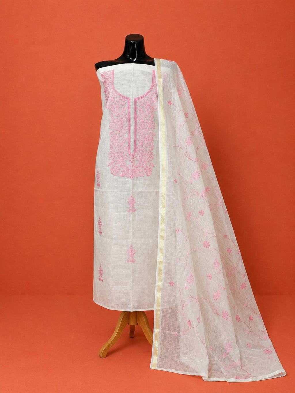 White Kota Doria Embroidered 2Pc Dress Material