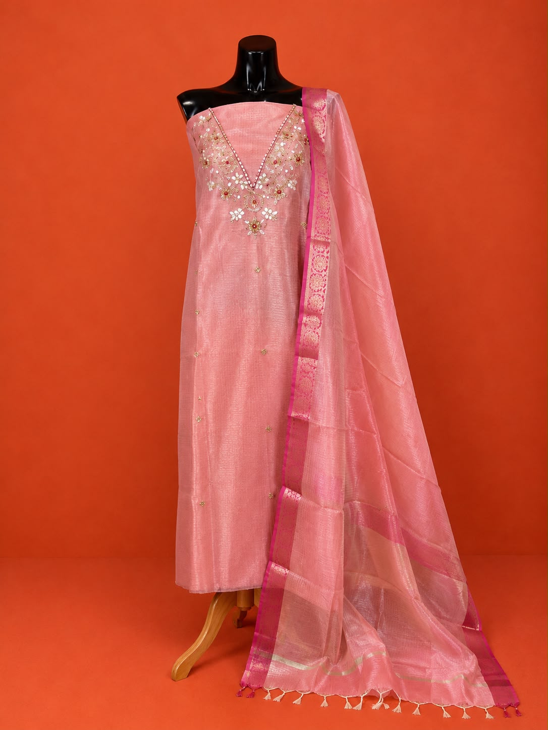 Pink Kota Doria Embroidered 2 Pc Dress Material