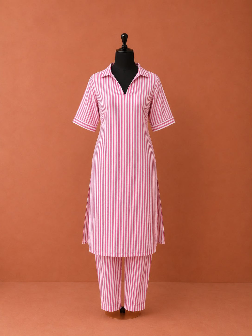 Pink Cotton Stripes Printed Night Suit