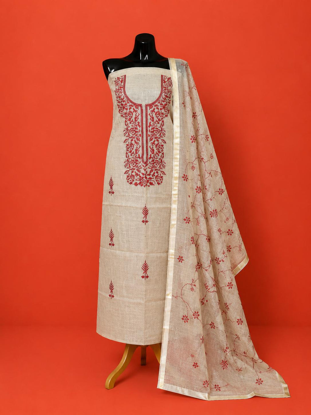 White Kota Doria Embroidered 2 Pc Dress Material