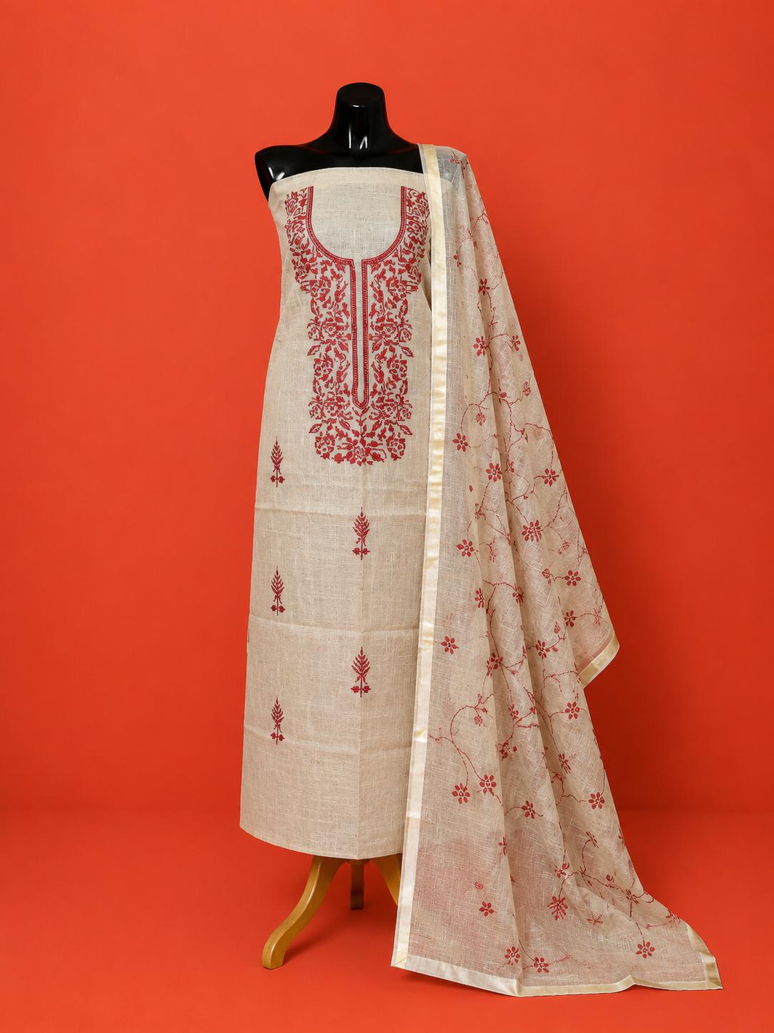 White Kota Doria Embroidered 2 Pc Dress Material