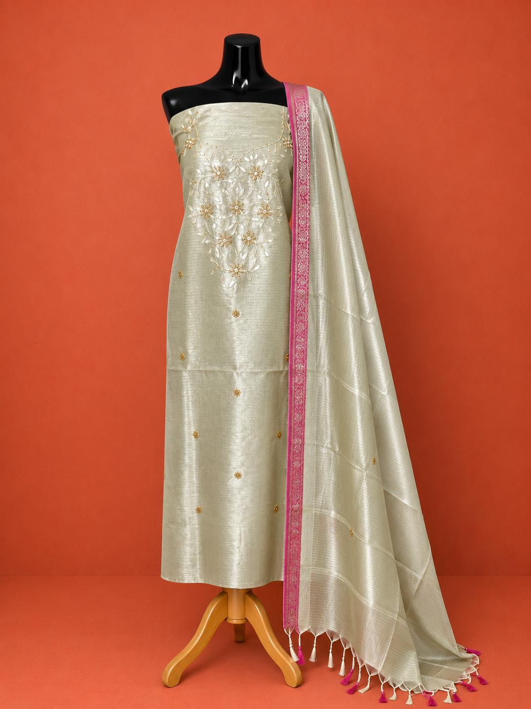 Beige  Kota Doria Embroidered 2 Pc Dress Material